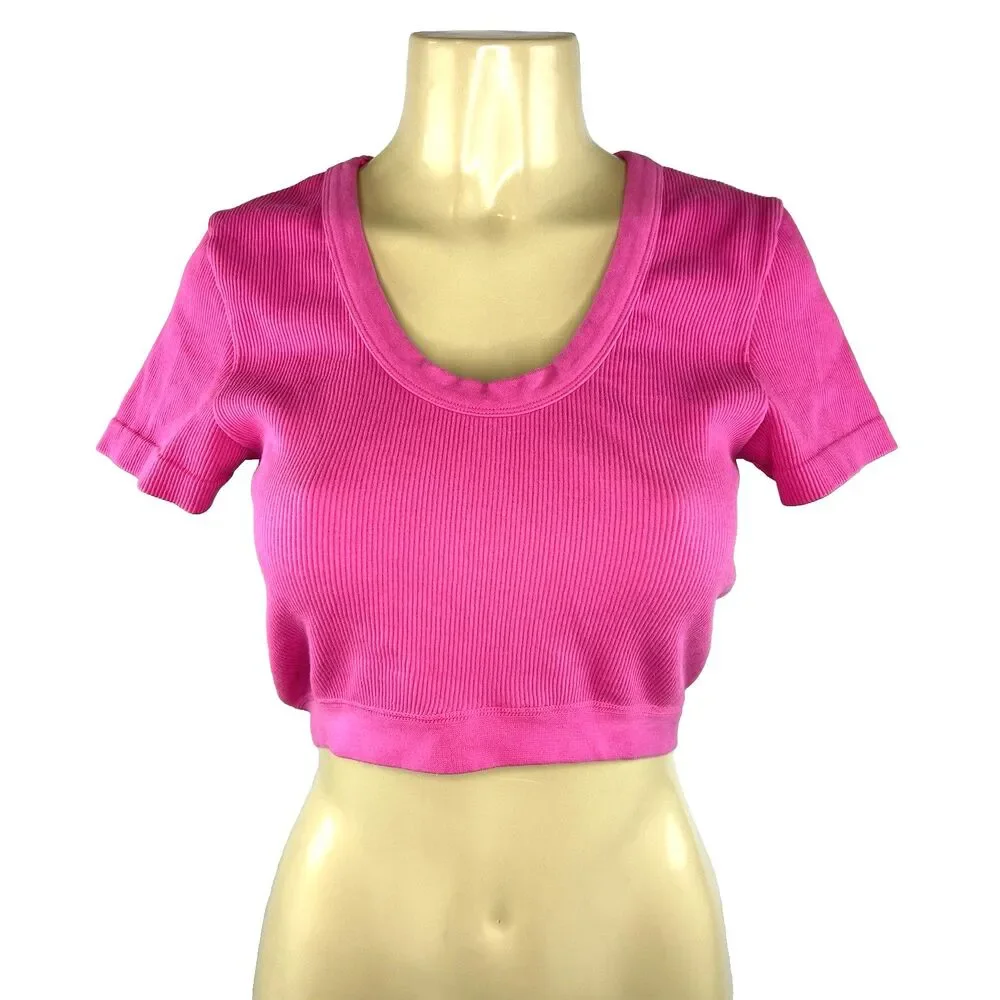 Alo Yoga Seamless Ribbed Serene Short Sleeve Top Size L Pink Cropped Active